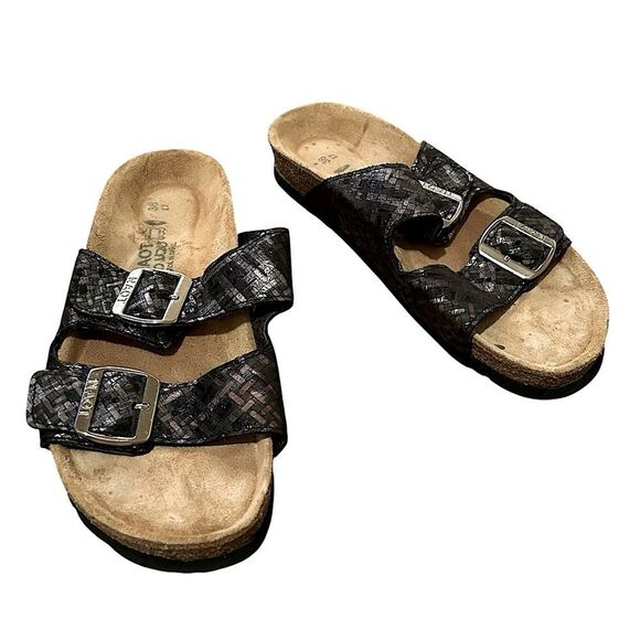 NAOT Israel Women’s Size 38 Metallic Adjustable Buckle Leather Slip on Slides - Picture 1 of 13